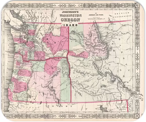 1864, Johnson Map of Washington, Oregon, and Idaho, topography, cartography, geography