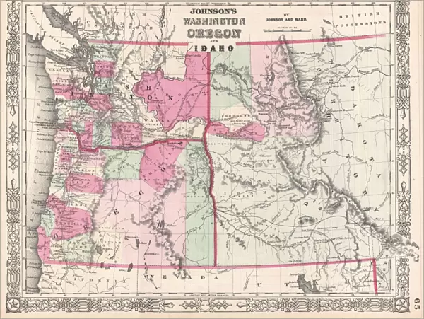 1864, Johnson Map of Washington, Oregon, and Idaho, topography, cartography, geography