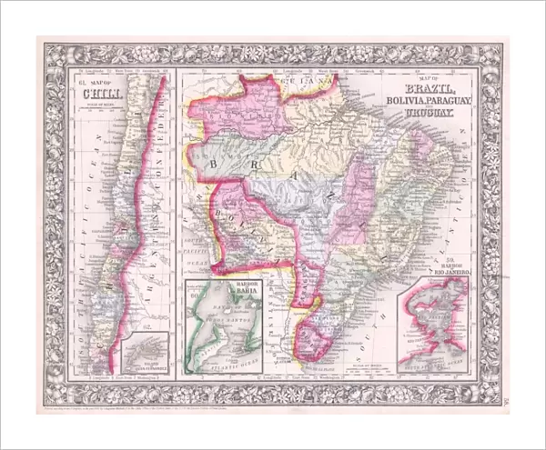 1864, Mitchell Map of Brazil, Bolivia and Chili, topography, cartography, geography