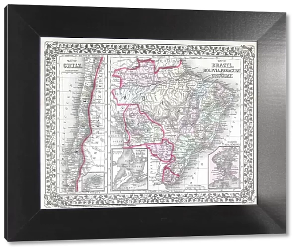 1874, Mitchell Map of South America, Brazil, Bolivia, Papaguay, Uruguay and Chili