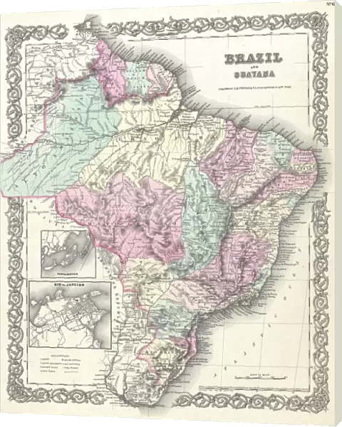 1855, Colton Map of Brazil and Guyana, topography, cartography, geography, land, illustration