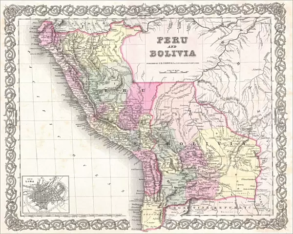1855, Colton Map of Peru and Bolivia, topography, cartography, geography, land, illustration