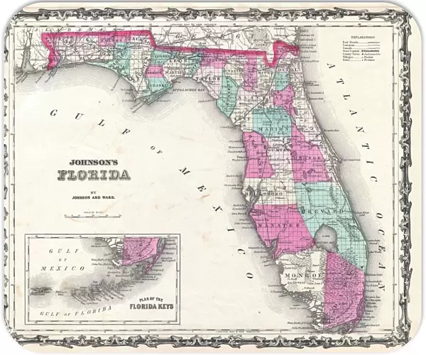 1862, Johnson Map of Florida, topography, cartography, geography, land, illustration