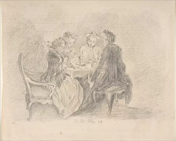 Four Ladies Sitting Table Occupied Needlework