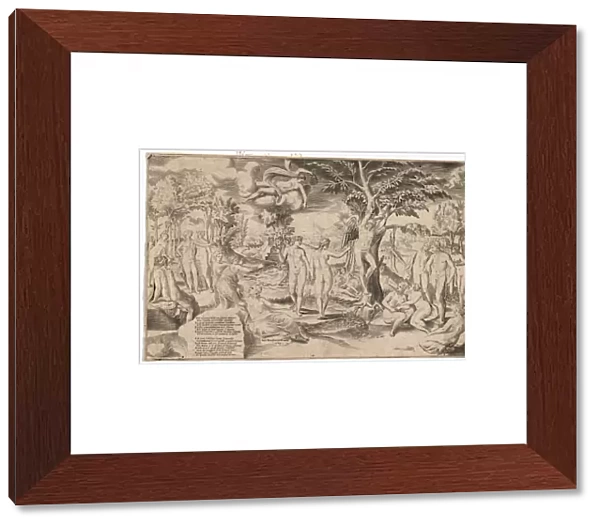Drawings Prints, Print, Cupid, Elysian, Fields, tied, tree, centre, surrounded many figures
