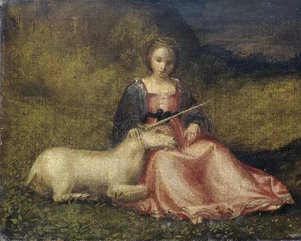 Woman Unicorn landscape sits young woman unicorn