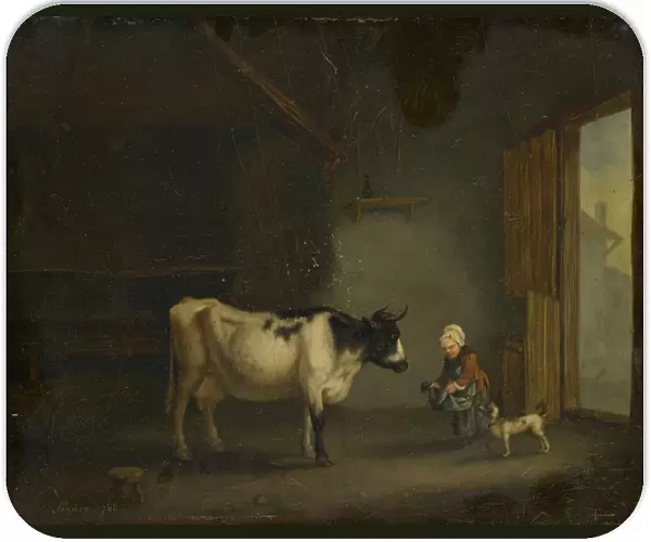 Girl cow stable 1788 oil panel 19 x 24 cm signed