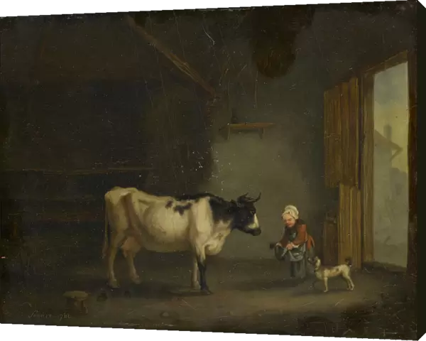 Girl cow stable 1788 oil panel 19 x 24 cm signed