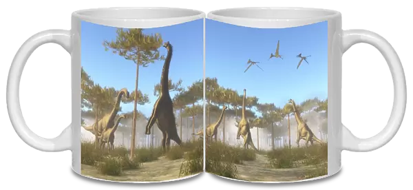 A Brachiosaurus herd grazing on treetops