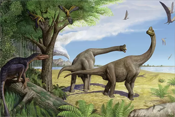 A raptor stalks a pair of grazing Europasaurus holgeri dinosaurs