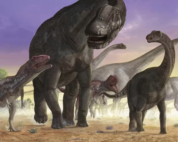 A couple of predator Mapusaurus try to isolate a herd of sauropods