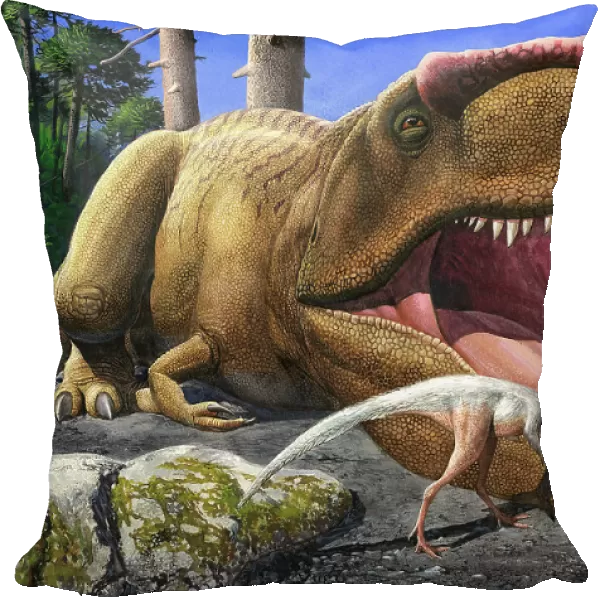 An Alvarezsaurid bird cleans the mouth of a Giganotosaurus carolinii dinosaur