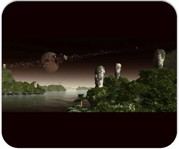 Easter Island like heads on an alien world. In the sky a broken moon