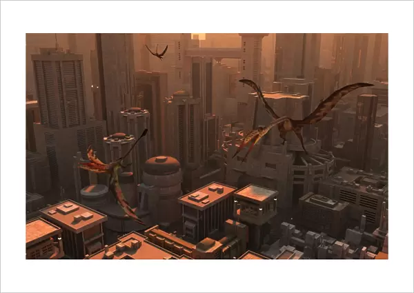Quetzalcoatlus and Eudimorphodon pterosaurs fly through the sky above a futuristic city