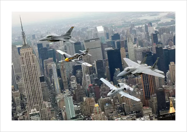 A P-51 Mustang, an F-16 Fighting Falcon, an F-15 Eagle, and an A-10 Thunderbolt II