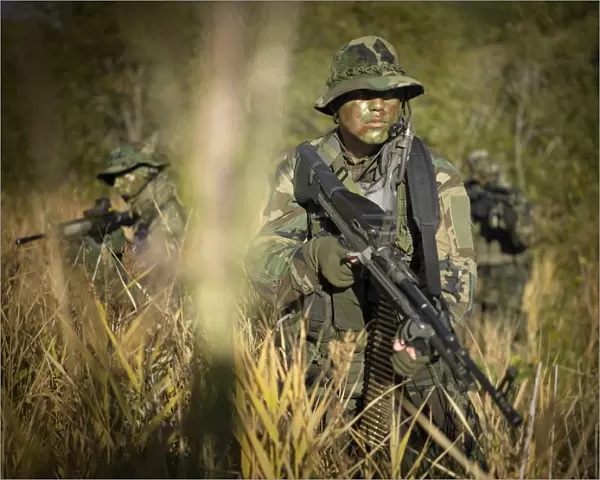 U. S. Navy SEALs walk through tall grass during combat operations