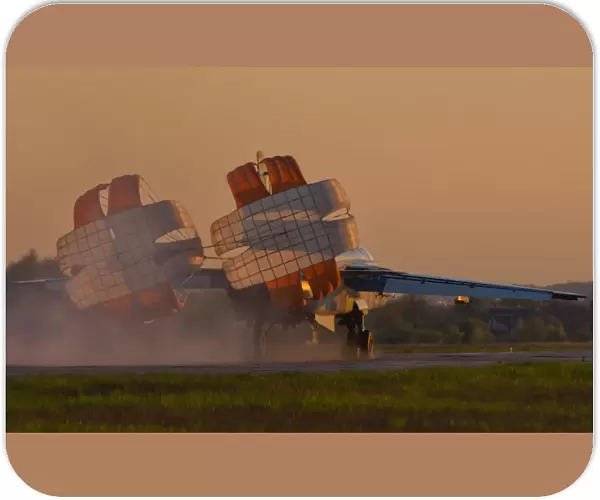 Ukrainian Air Force Su-24 deploys drag chute at Lutsk Air Base, Ukraine
