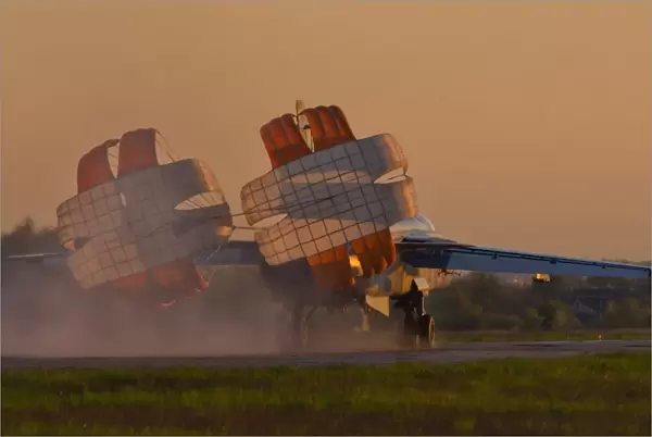 Ukrainian Air Force Su-24 deploys drag chute at Lutsk Air Base, Ukraine