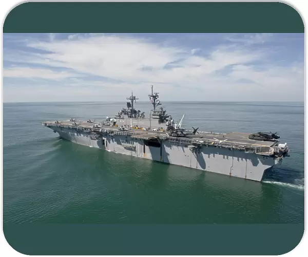The amphibious assault ship USS Wasp transits the Atlantic Ocean