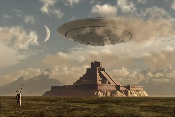A reptoid greets an incoming flying saucer above a pyramid
