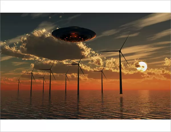 A UFO flying above an ocean wind farm at sunset