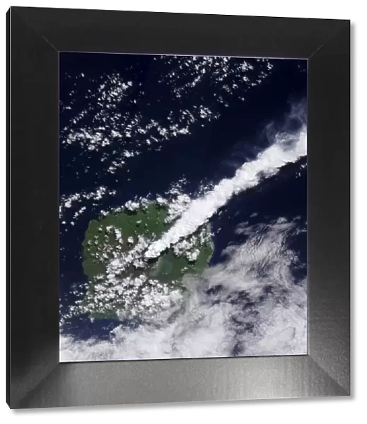 Satellite view of a thick, steam-rich plume from Gaua Volcano blows directly northeast