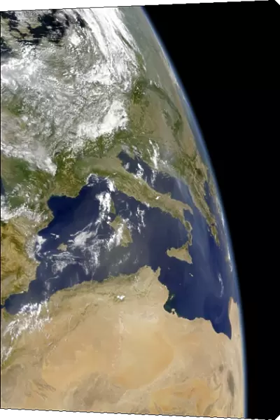 View of the western Mediterranean with visible smoke in the Balkans and dust