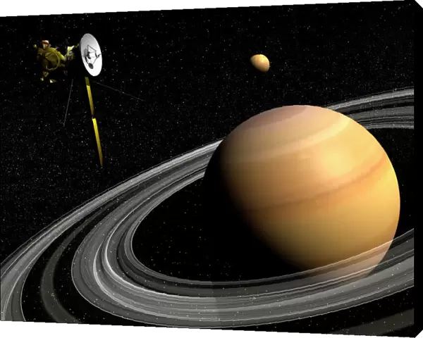 Cassini spacecraft orbiting Saturn and and its moon Titan