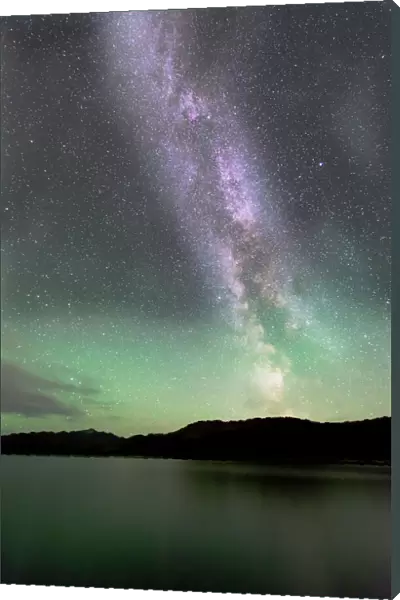 Aurora borealis and Milky Way above Fish Lake, Yukon, Canada