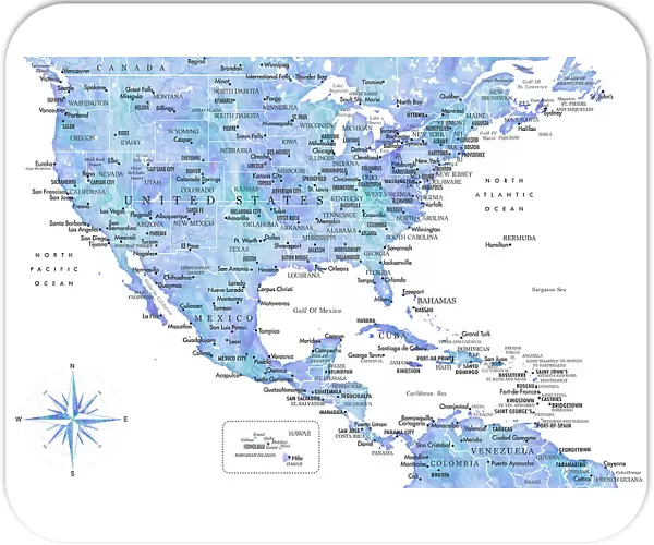 Blue map of USA and the Caribbean sea