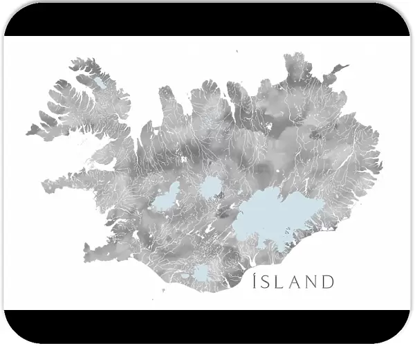 Ísland - Iceland blank map in gray watercolor