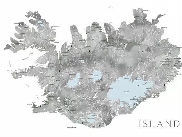 Island - Iceland map in gray watercolor with native labels