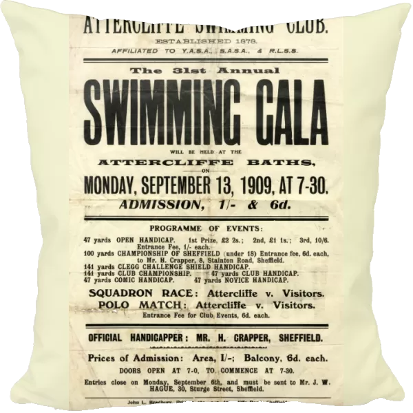 Advertisement poster for Attercliffe Swimming Club 31st Annual Swimming Gala at Attercliffe Baths, 1909