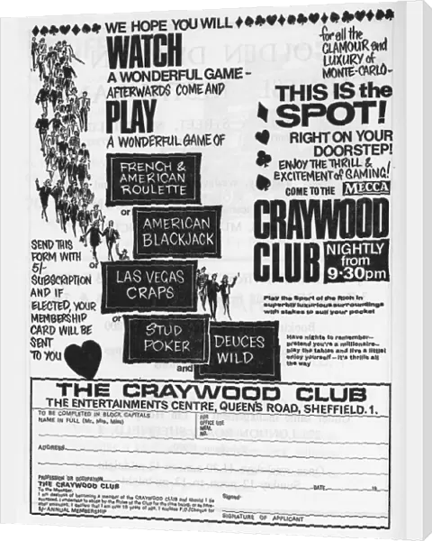 Advertisement for The Craywood Club (casino), The Entertainments Centre, London Road, 1966