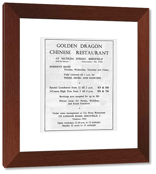 Advertisement for The Golden Dragon Chinese Restaurant, 6-8 Matilda Street, 1966