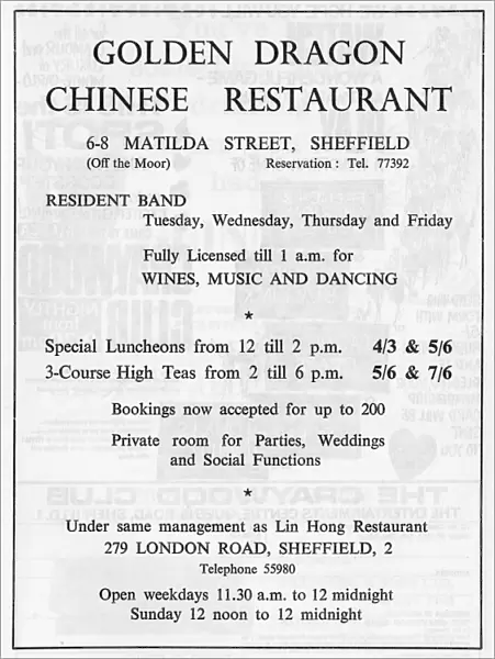 Advertisement for The Golden Dragon Chinese Restaurant, 6-8 Matilda Street, 1966