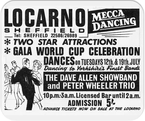 Advertisement for Gala World Cup Celebration Dances, The Locarno, junction of London Road and Boston Street, 1966