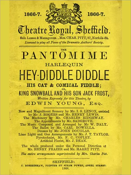 Sheffield Theatre Royal - the pantomime Harlequin Hey Diddle Diddle His Cat and Comical Fiddle or King Snowball and His Son Jack Frost written expressly for this theatre by Edwin Young, 1866