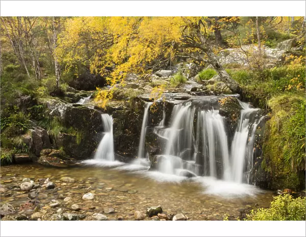 Waterfall on wooded hillside in autumn, Glenfeshie, Cairngorms National Park, Scotland
