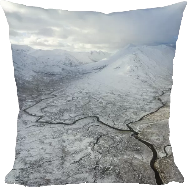 Aerial view of three tributaries of the River Affric, Allt Gleann Gniomhaidh, Allt Cam-ban and Allt a chomhlain meeting at the base of Ciste Dhubh, Glen Affric Nature Reserve, HIghlands, Scotland, UK. November, 2017