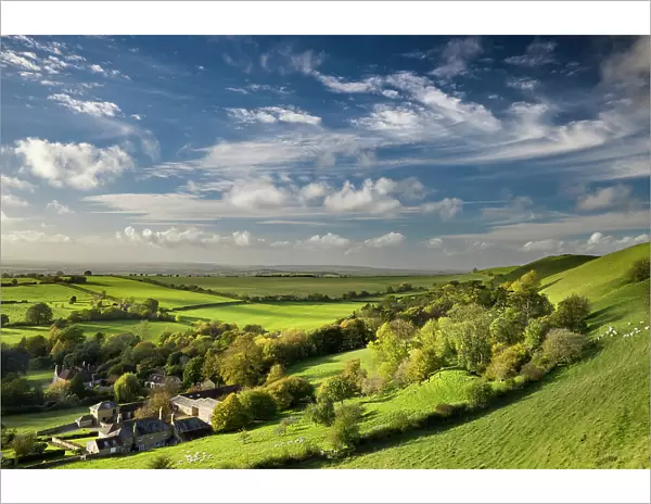 View over hills and farmland, Corton Denham, Somerset, England, UK. October, 2022
