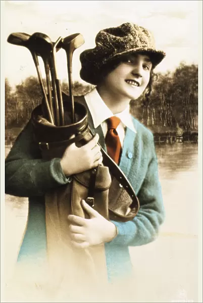 Woman golfer, postcard, c1910