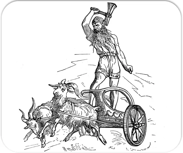 Thor riding in chariot drawn by goats and wielding his hammer