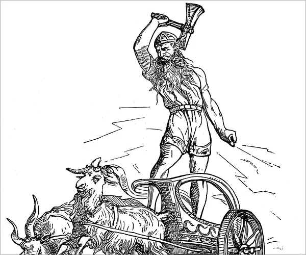 Thor riding in chariot drawn by goats and wielding his hammer