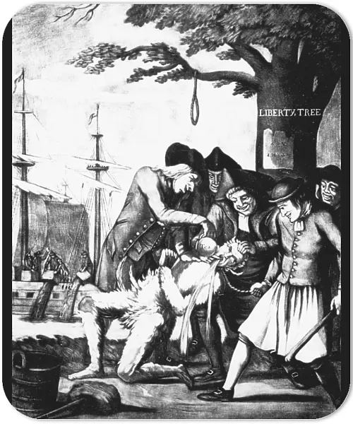 Bostonians tarring and feathering the Excise man and forcing tea down his throat, Boston Tea Party