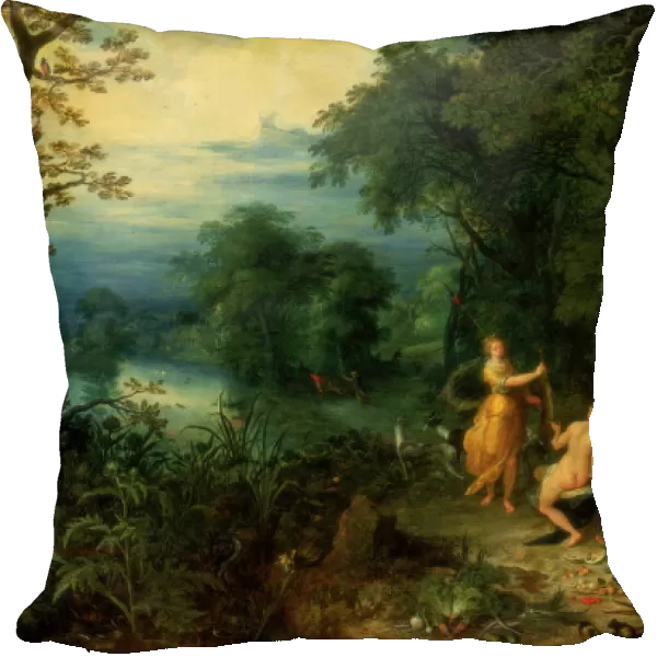 A landscape with wood; Diana offers a hare to a nymph; Silenus and Ceres in foreground, c1614. Artist: Abraham Govaerts