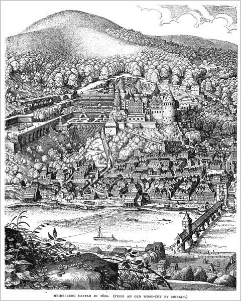 Heidelberg Castle and town viewed across the Neckar river, Germany, in 1620