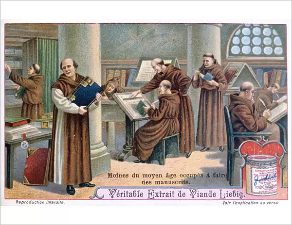 Monks at work on manuscripts in a scriptorium, c1900