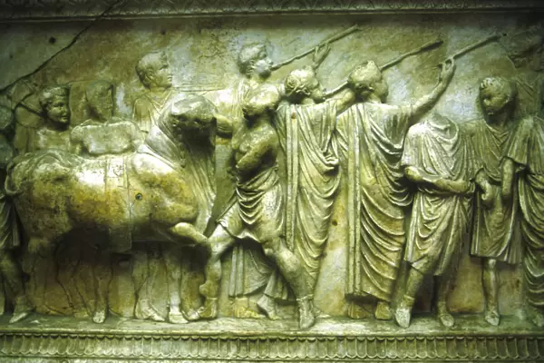 Sacrificial procession of a bull preceded by trumpeters, 30-40