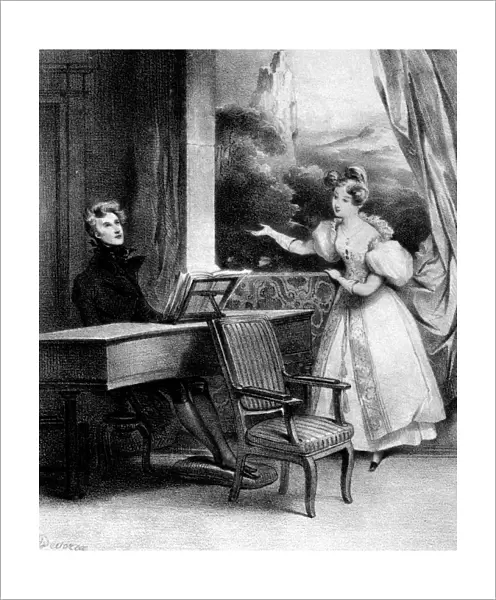 Pianist at the keyboard accompanying a lady singing, 19th century